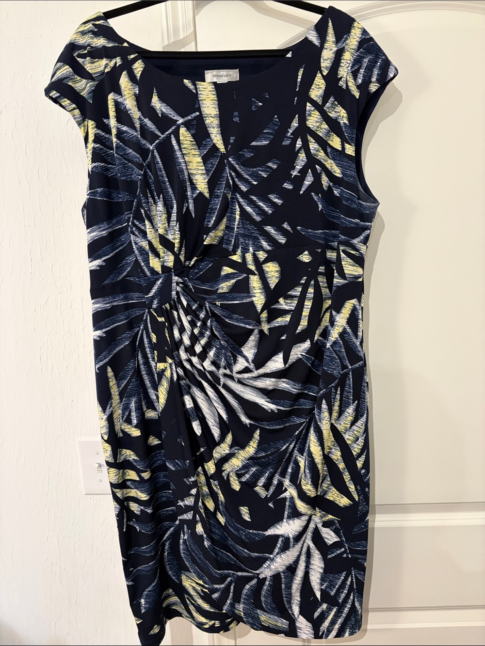 Dress Barn Navy Palm-Print Twist Front Midi Dress with Yellow Accents